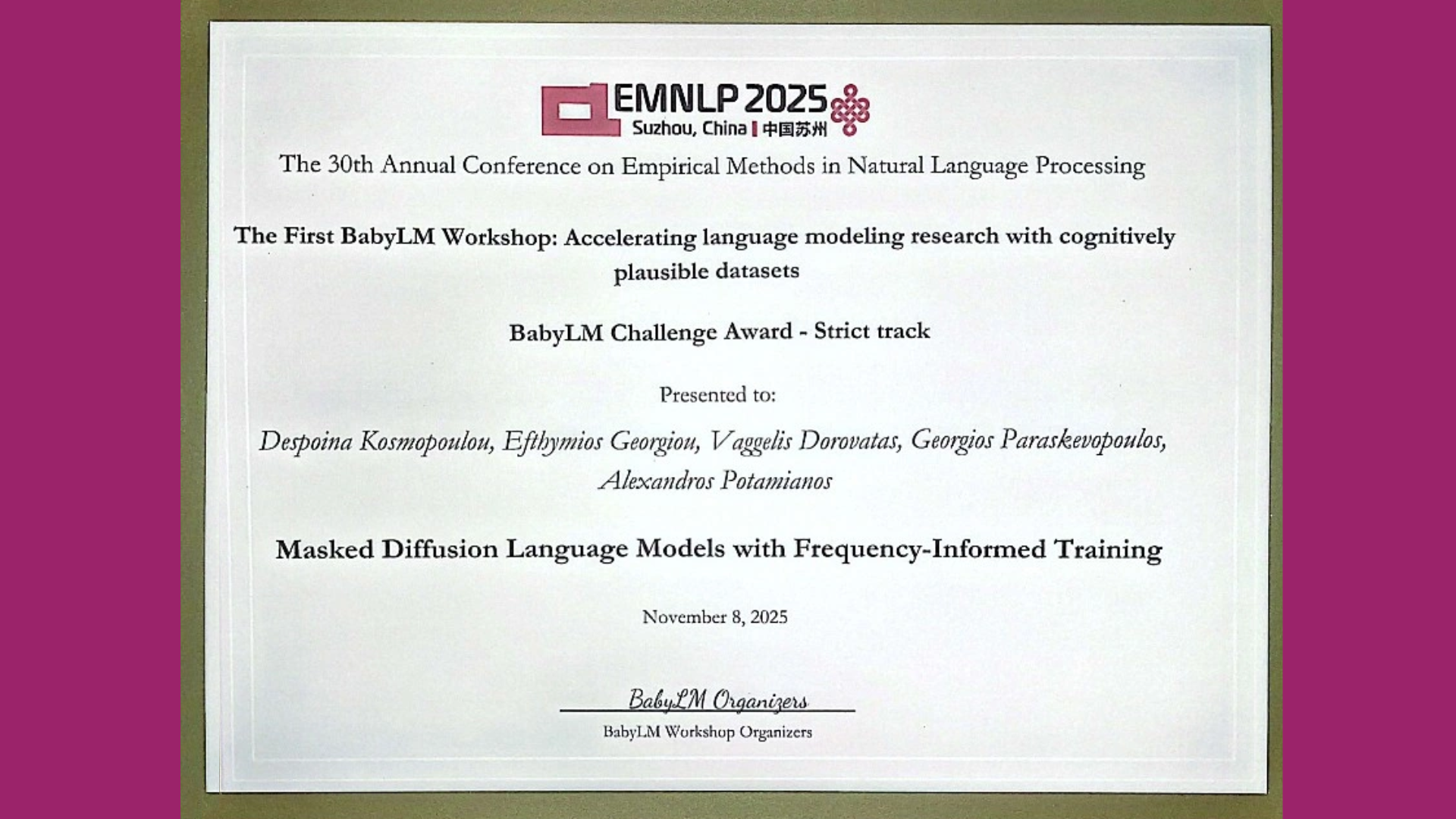 BabyLM Challenge Award at EMNLP 2025 Workshop!