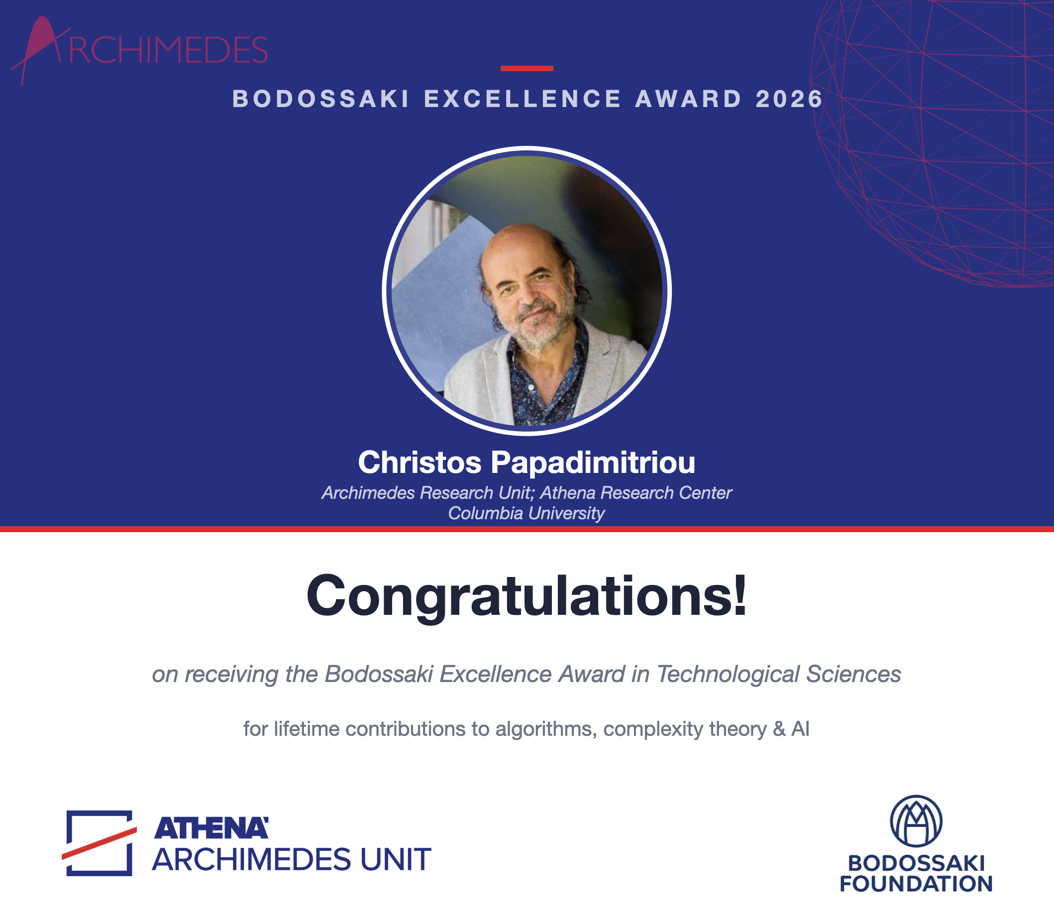 Christos Papadimitriou receives the Bodossaki Foundation Excellence Award 2026
